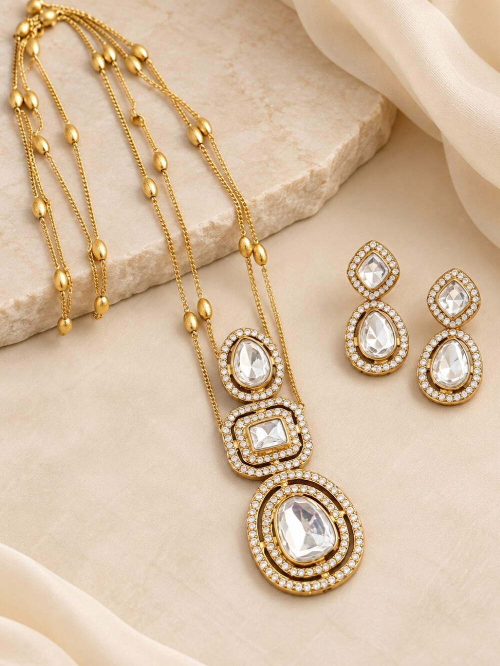 Polki Style Long Pendant Necklace Set with Earrings | Indian Festive Jewelry
